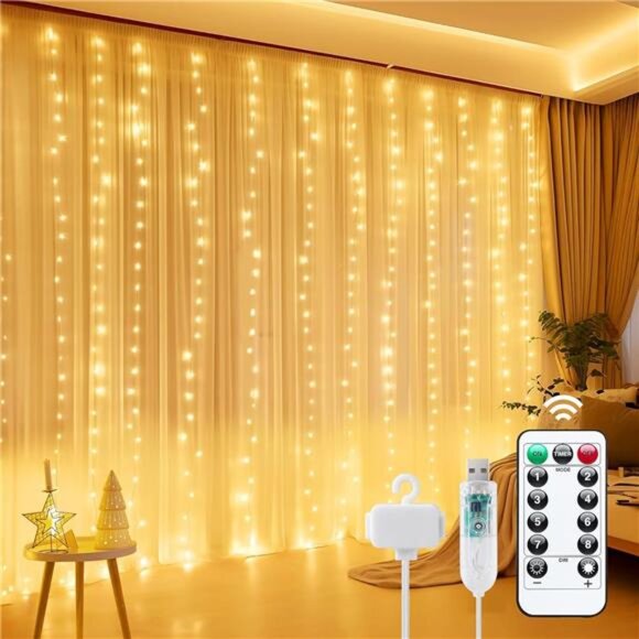 Minetom Curtain Lights, 300 LED Dimmable Fairy Lights Twinkle Lights with - Picture 1 of 7